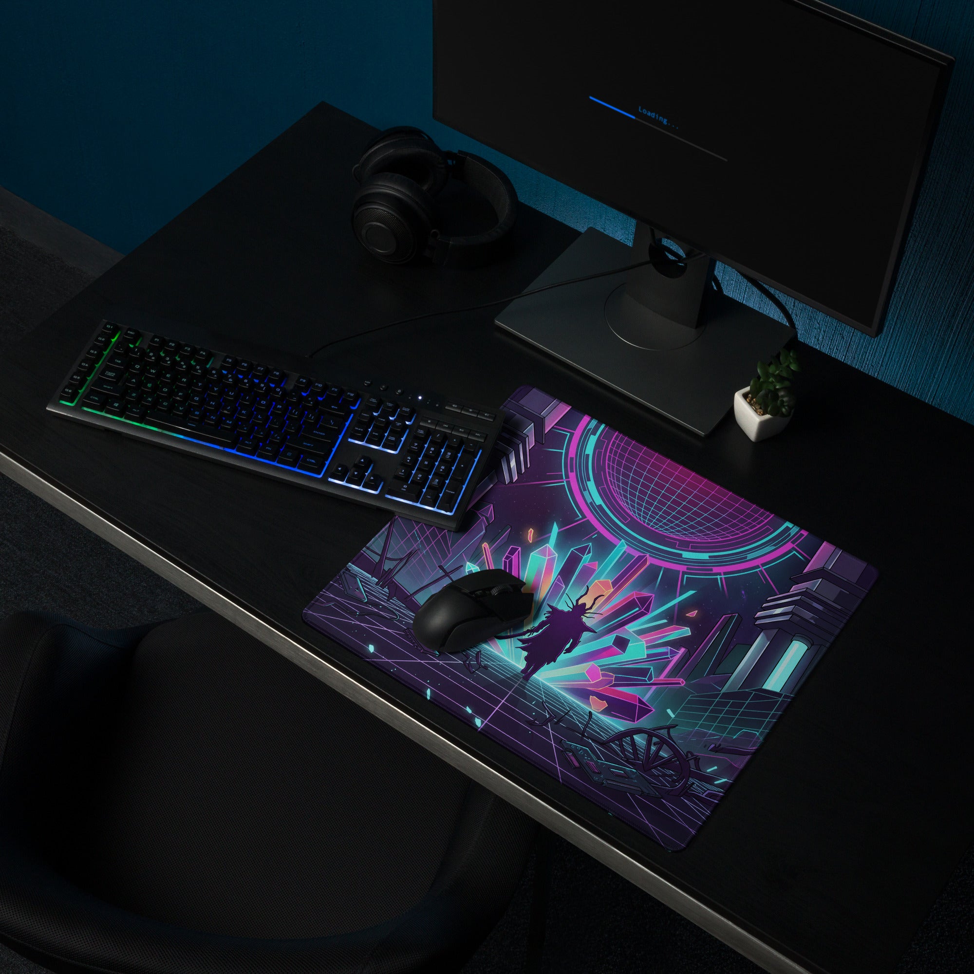 Neon vaporwave gaming mouse pad with vibrant purple and cyan cyberpunk design featuring futuristic silhouette and geometry