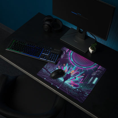 Neon vaporwave gaming mouse pad with vibrant purple and cyan cyberpunk design featuring futuristic silhouette and geometry