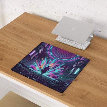 Neon vaporwave gaming mouse pad with vibrant glowing purple pink and cyan geometric cyberpunk design for desk use