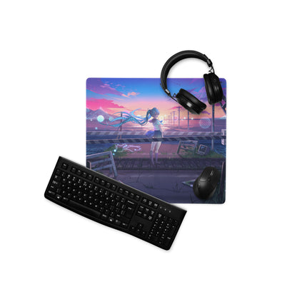 A rectangular neon vaporwave mouse pad with vibrant anime girl illustration in pink blue pastel sunset colors