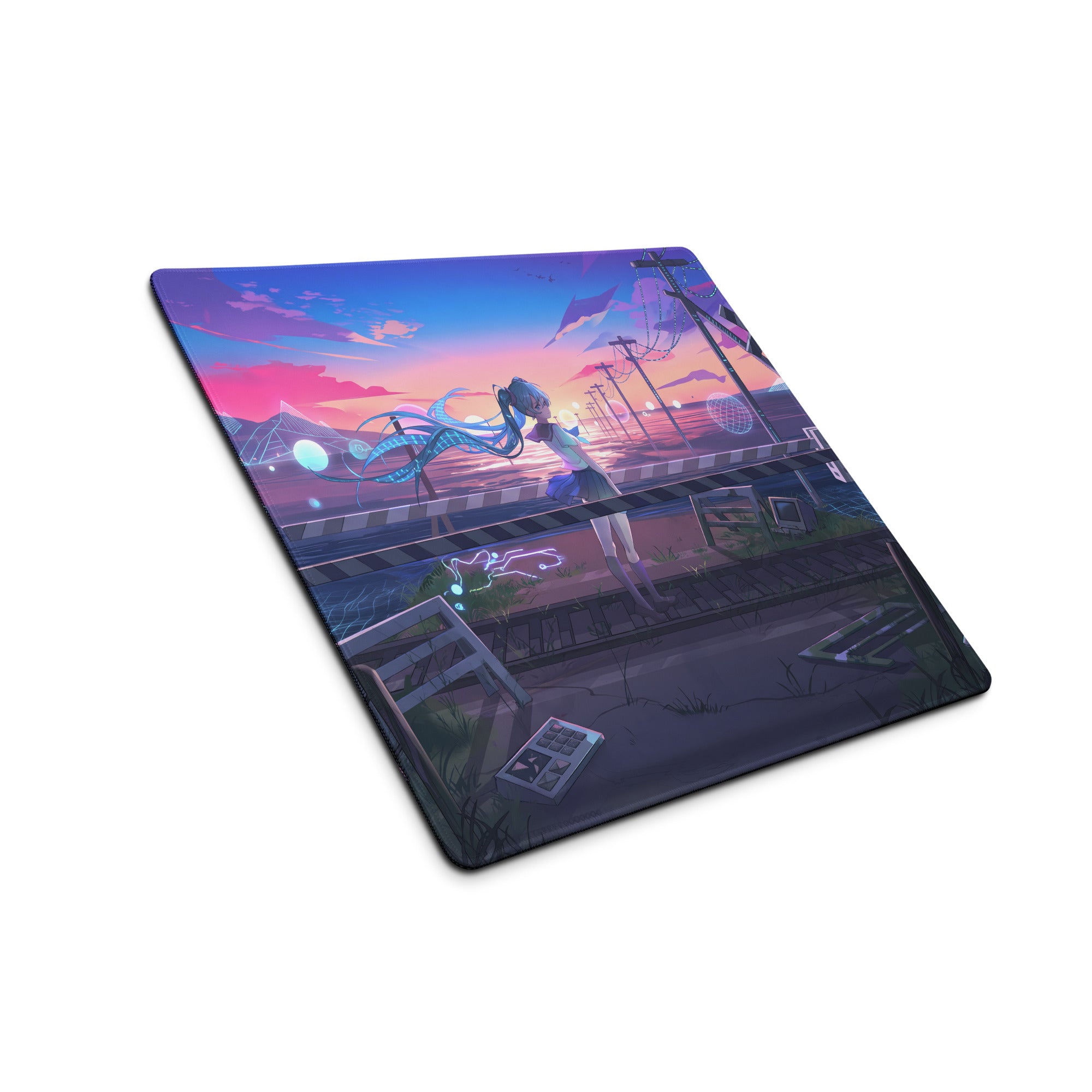Rectangular neon vaporwave mouse pad with anime girl on train tracks at sunset in vivid pink and blue colors