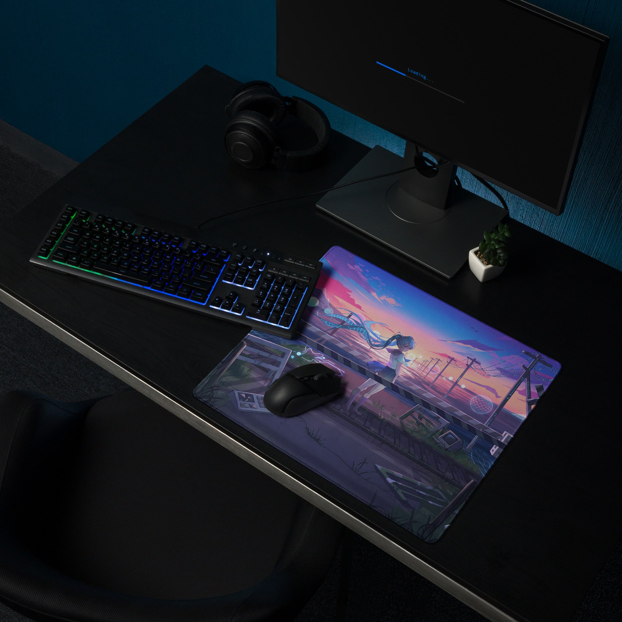 A rectangular neon vaporwave mouse pad with vibrant anime girl with blue hair on a smooth surface for gaming use