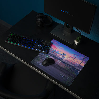 A rectangular neon vaporwave mouse pad with vibrant anime girl with blue hair on a smooth surface for gaming use