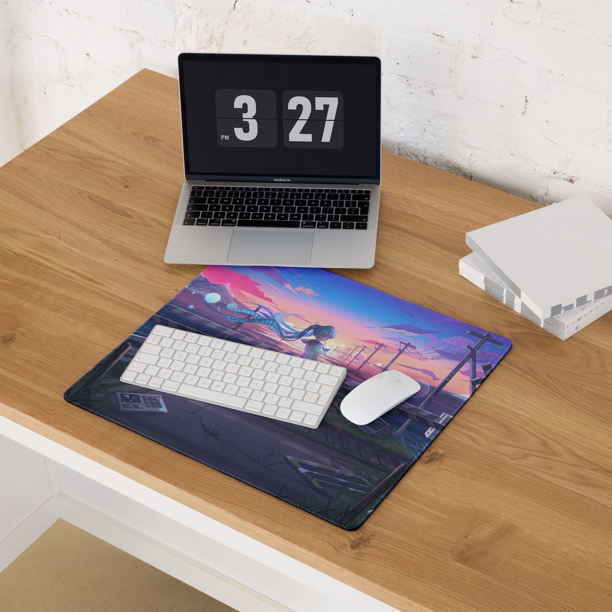 Neon vaporwave rectangular anime-themed mouse pad with vibrant pink and blue sunset sky for gaming and decor