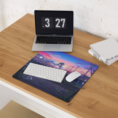 Neon vaporwave rectangular anime-themed mouse pad with vibrant pink and blue sunset sky for gaming and decor