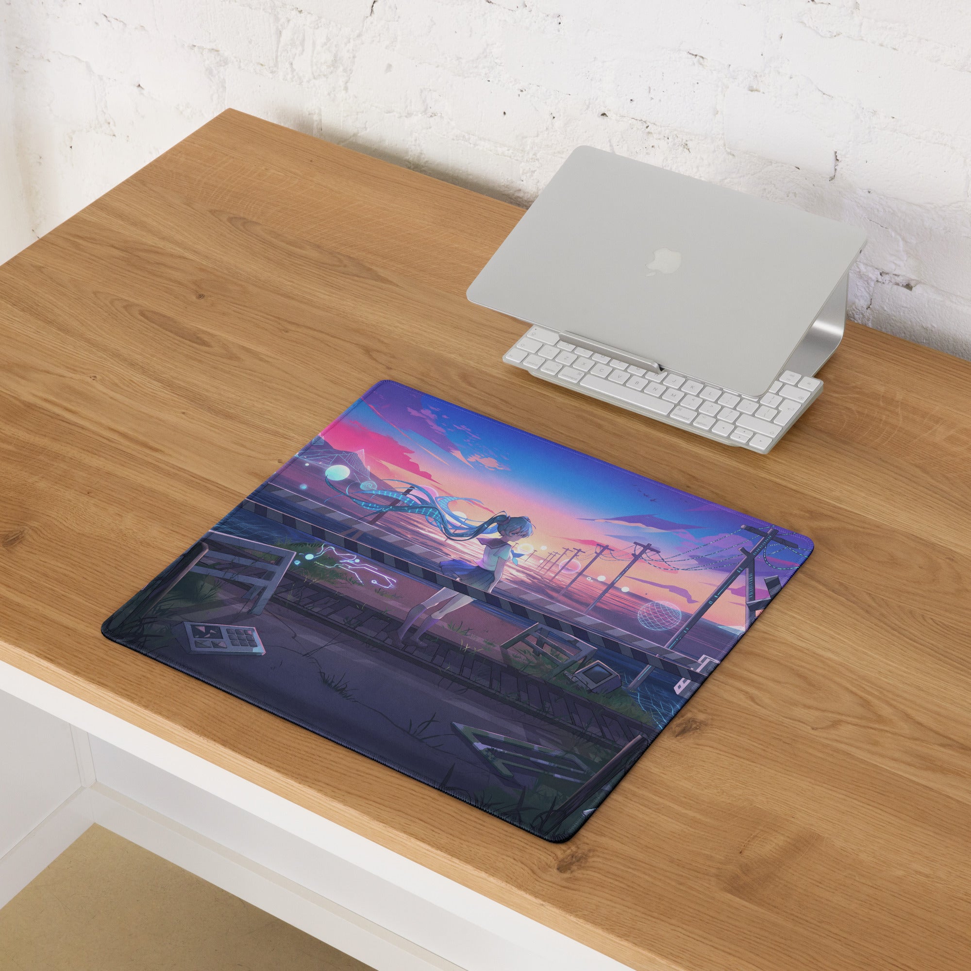 Neon vaporwave rectangular anime mouse pad with vibrant pink and blue illustration of character on bridge at sunset
