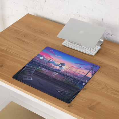 Neon vaporwave rectangular anime mouse pad with vibrant pink and blue illustration of character on bridge at sunset