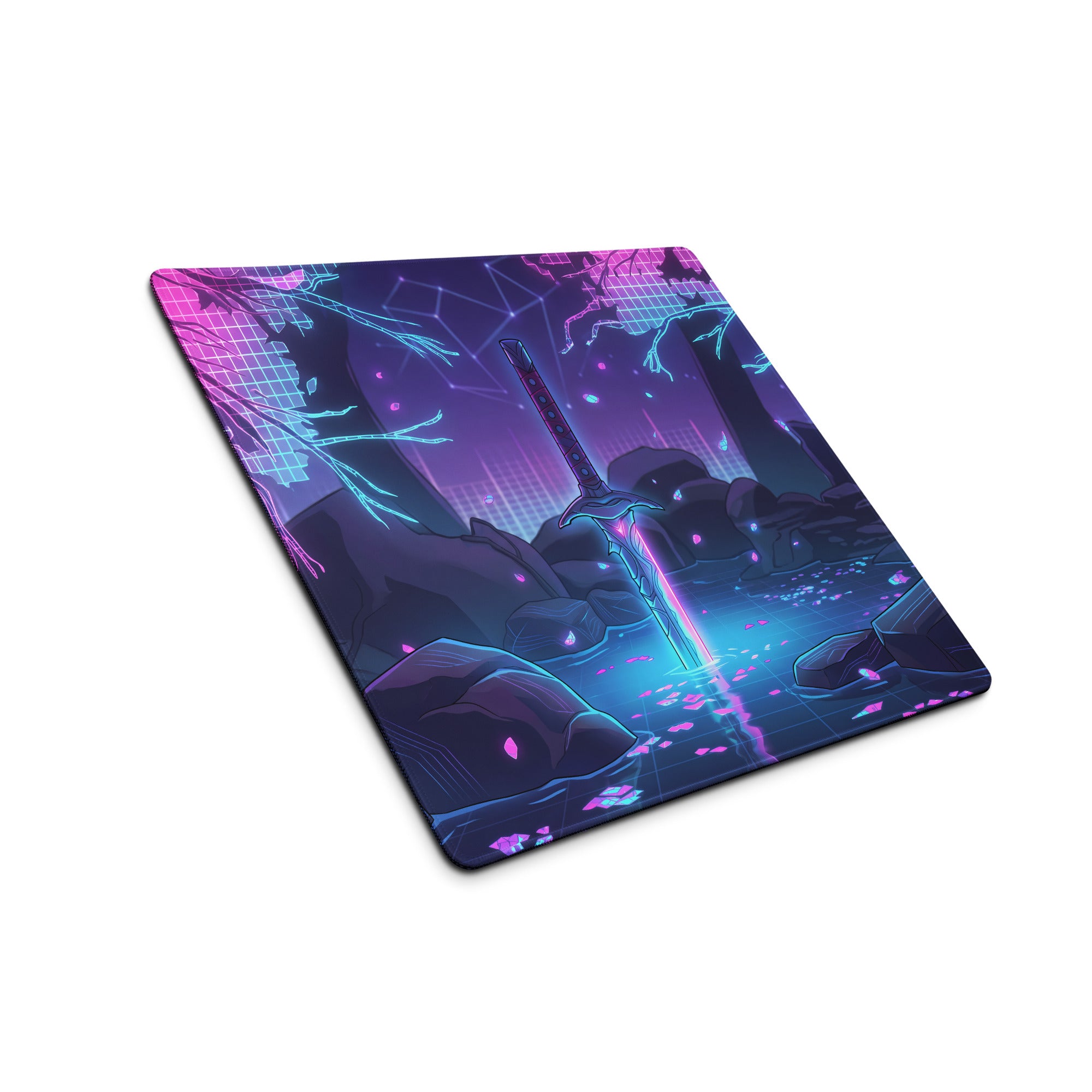 Neon katana vaporwave gaming mouse pad with nebula design featuring a glowing sword in purple and blue neon colors