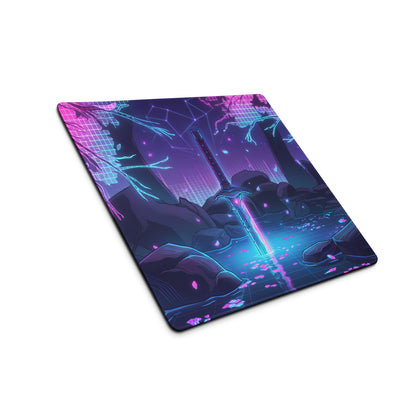 Neon katana vaporwave gaming mouse pad with nebula design featuring a glowing sword in purple and blue neon colors