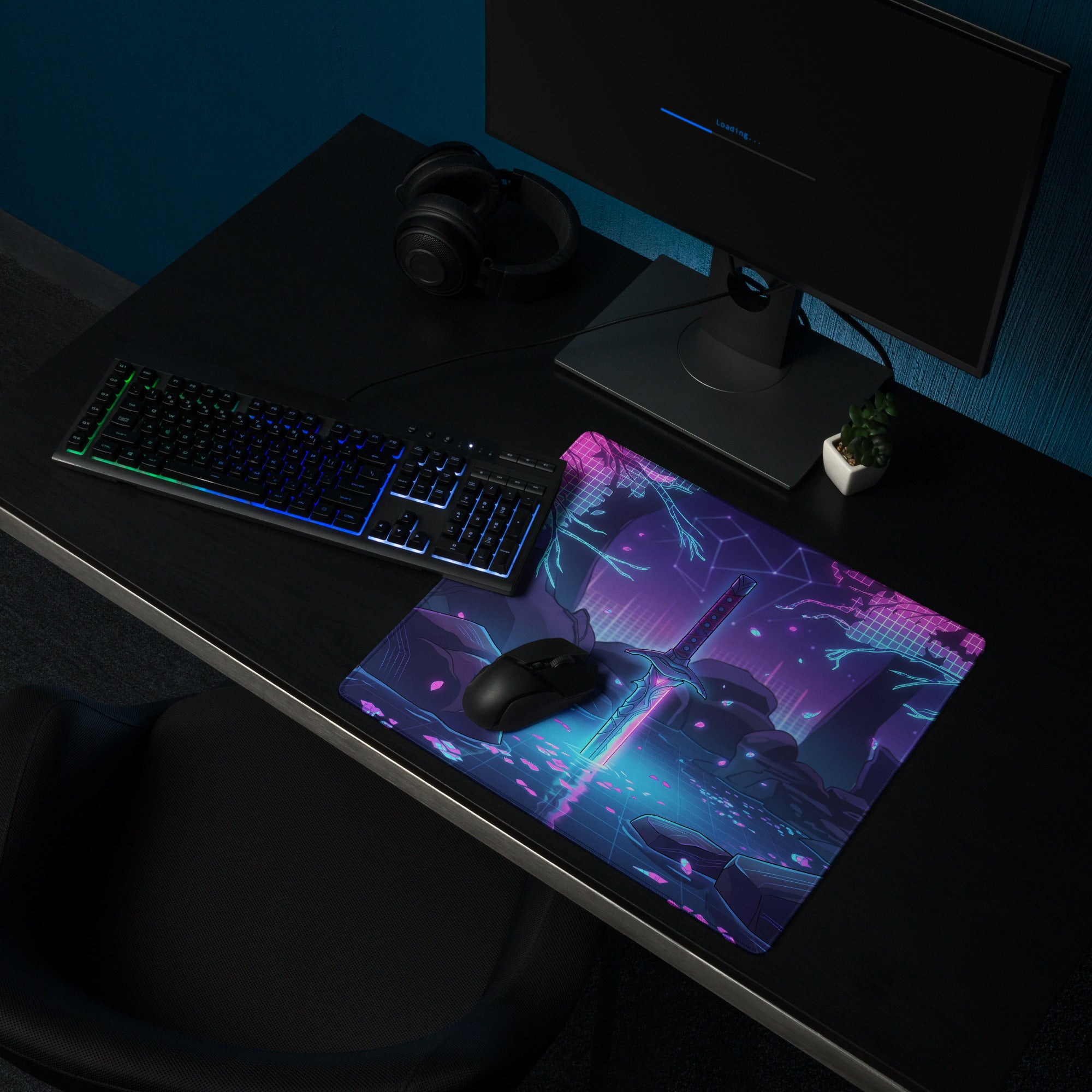 Neon katana vaporwave gaming mousepad in navy blue and purple with glowing sword design for cyberpunk desk decor