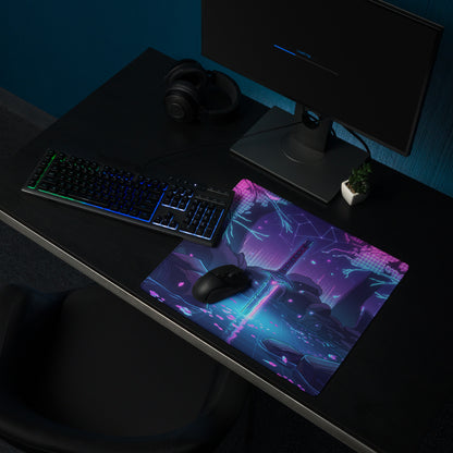 Neon katana vaporwave gaming mousepad in navy blue and purple with glowing sword design for cyberpunk desk decor