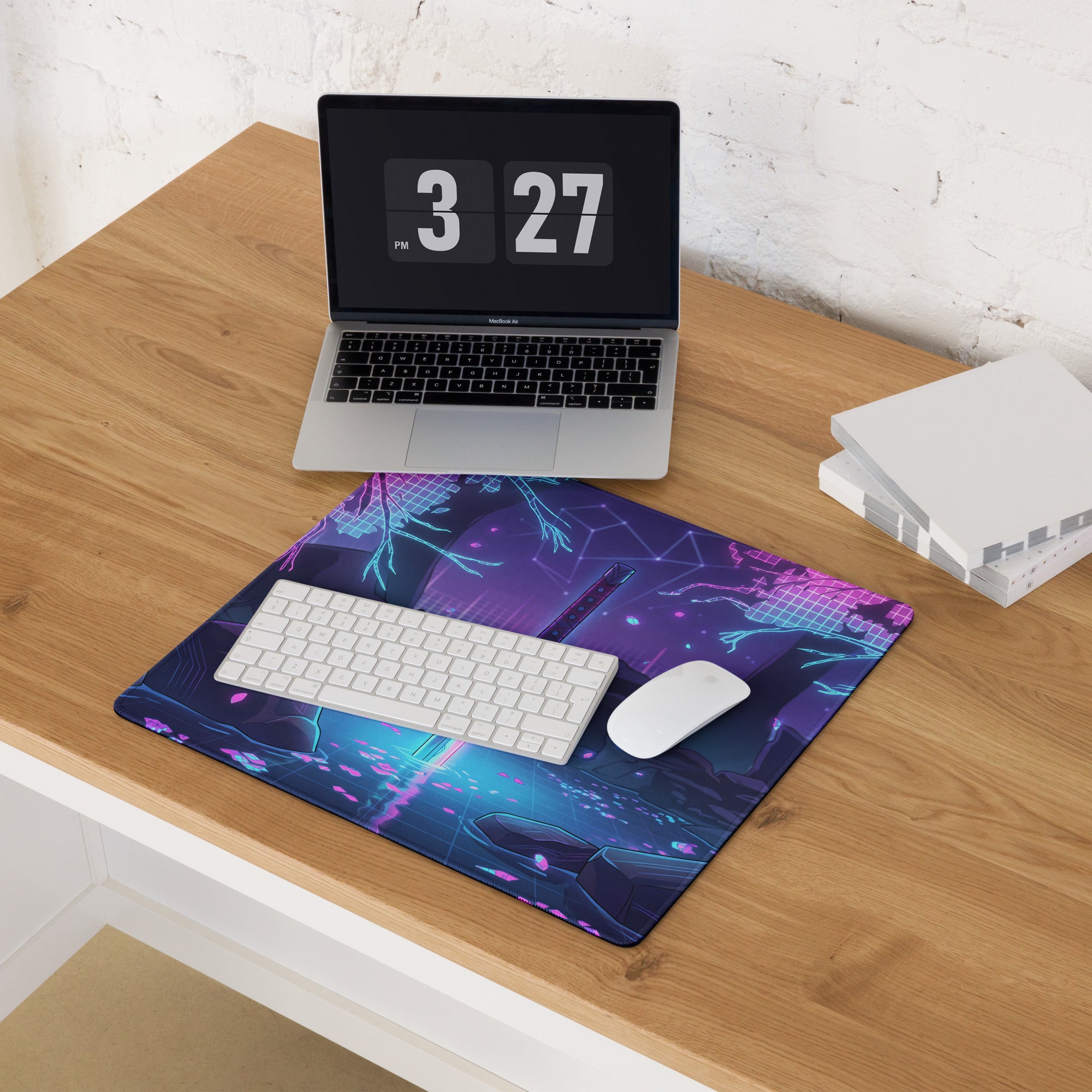 Vibrant purple and neon blue cyberpunk mousepad with glowing geometric patterns for vaporwave desk decor