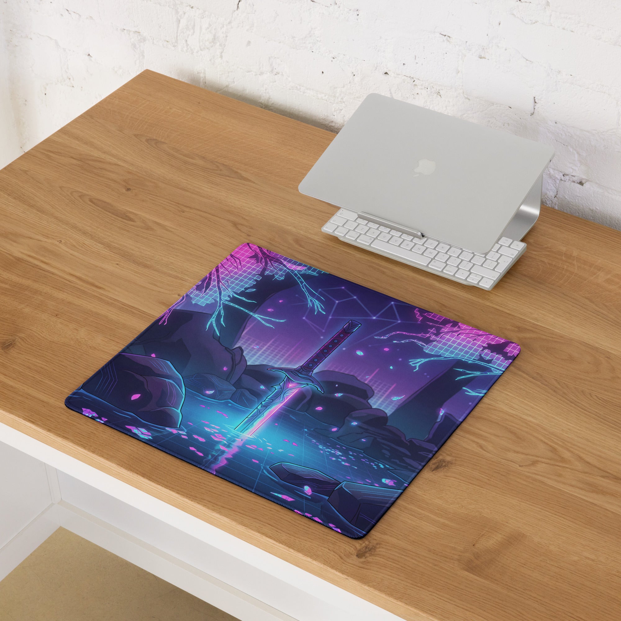 Neon katana vaporwave mouse pad with navy blue and magenta neon sword glowing on rocky terrain under starry sky