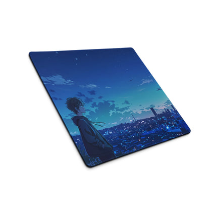 Blue anime-themed mousepad featuring a silhouette of a boy gazing at a starry cityscape for gaming desks