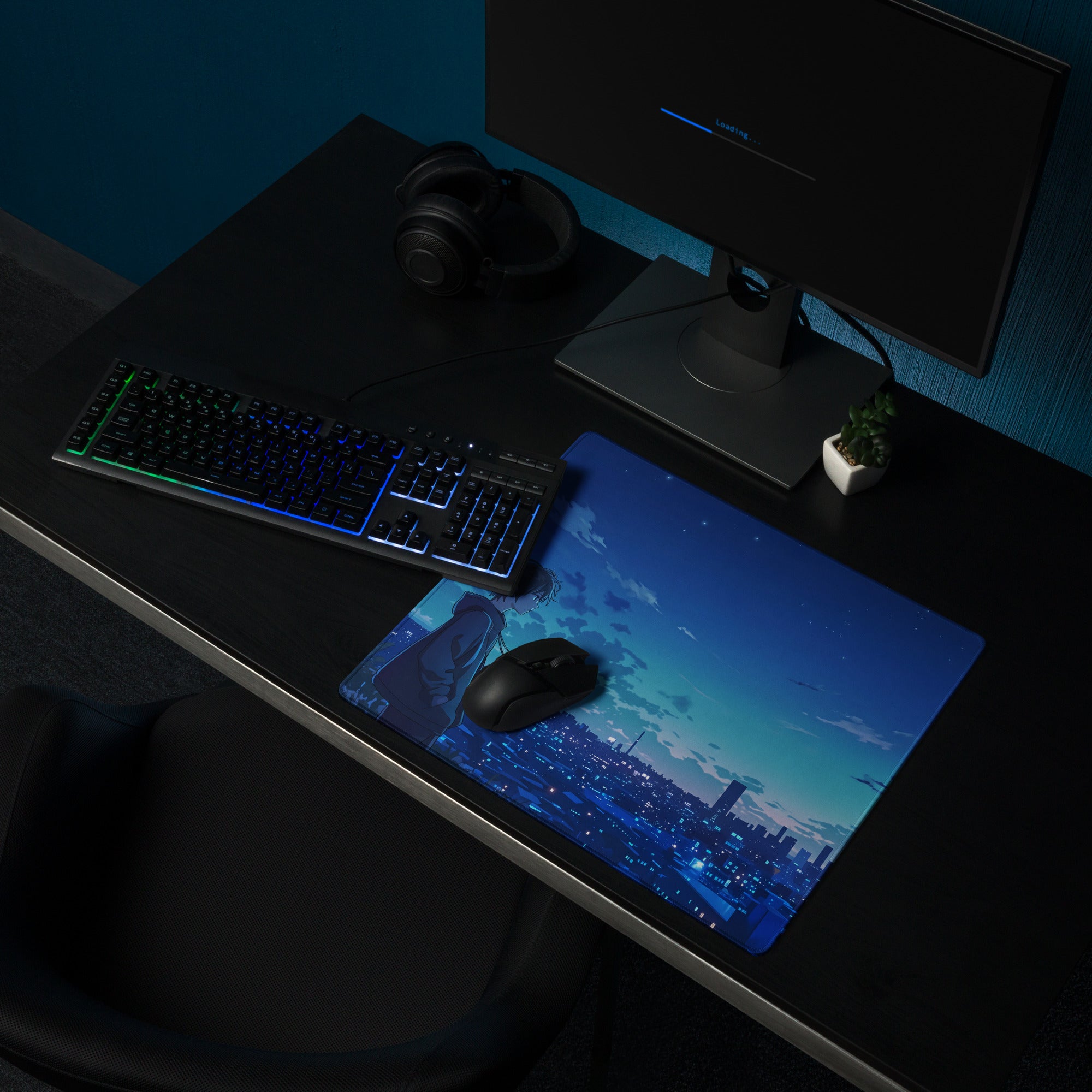 Blue anime cityscape mousepad with neon night vaporwave design and black gaming mouse for retro futurism deskscape