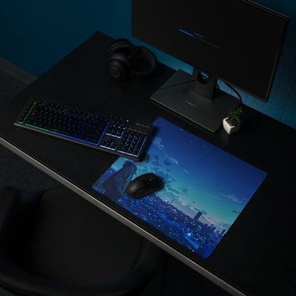 Blue anime cityscape mousepad with neon night vaporwave design and black gaming mouse for retro futurism deskscape
