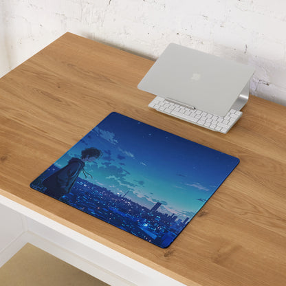 Blue anime-themed mousepad featuring a silhouette overlooking a cityscape at dusk in neon night colors