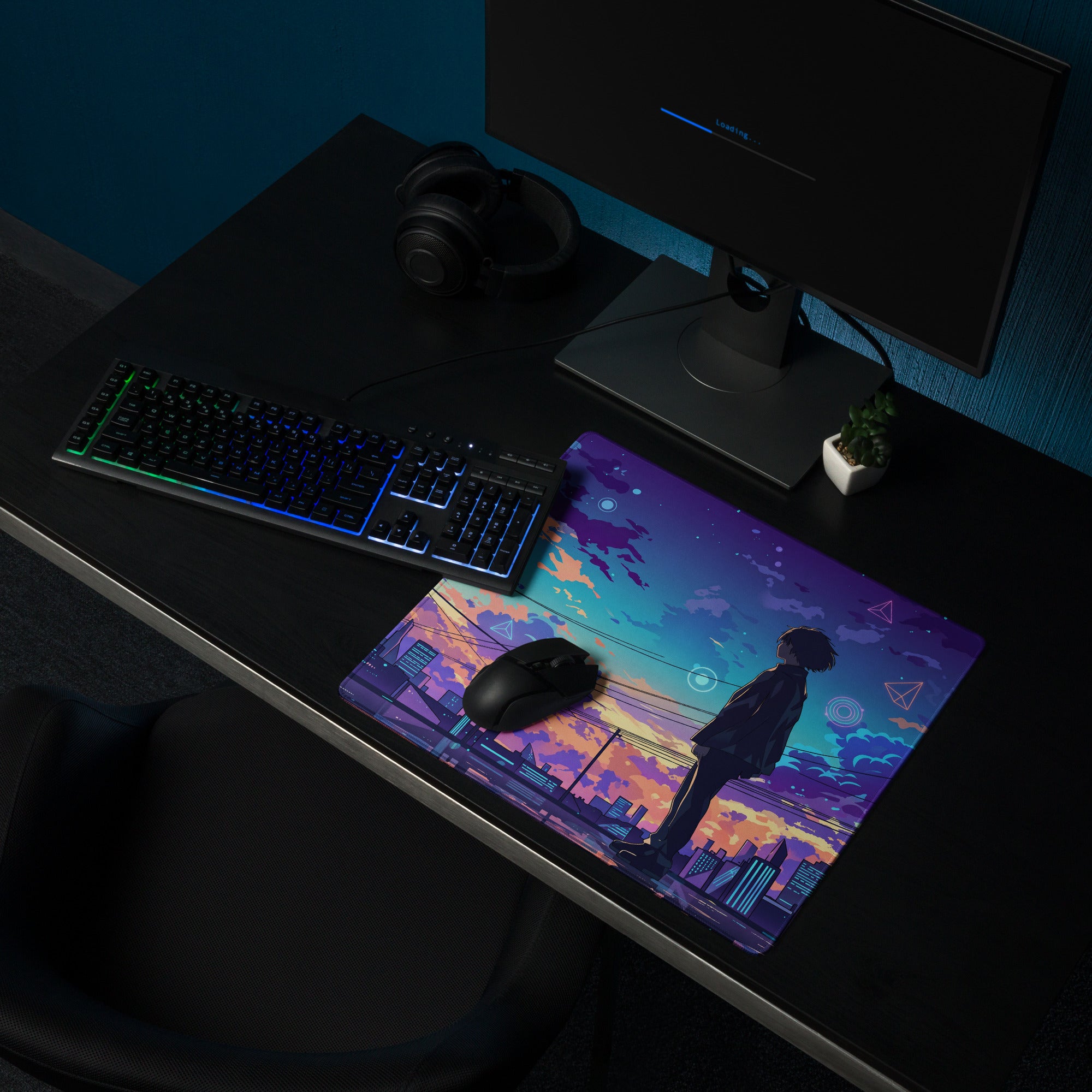 Vaporwave cityscape gaming mouse pad with anime silhouette and purple pink gradient sunset for desk use