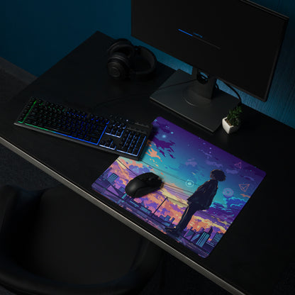 Vaporwave cityscape gaming mouse pad with anime silhouette and purple pink gradient sunset for desk use