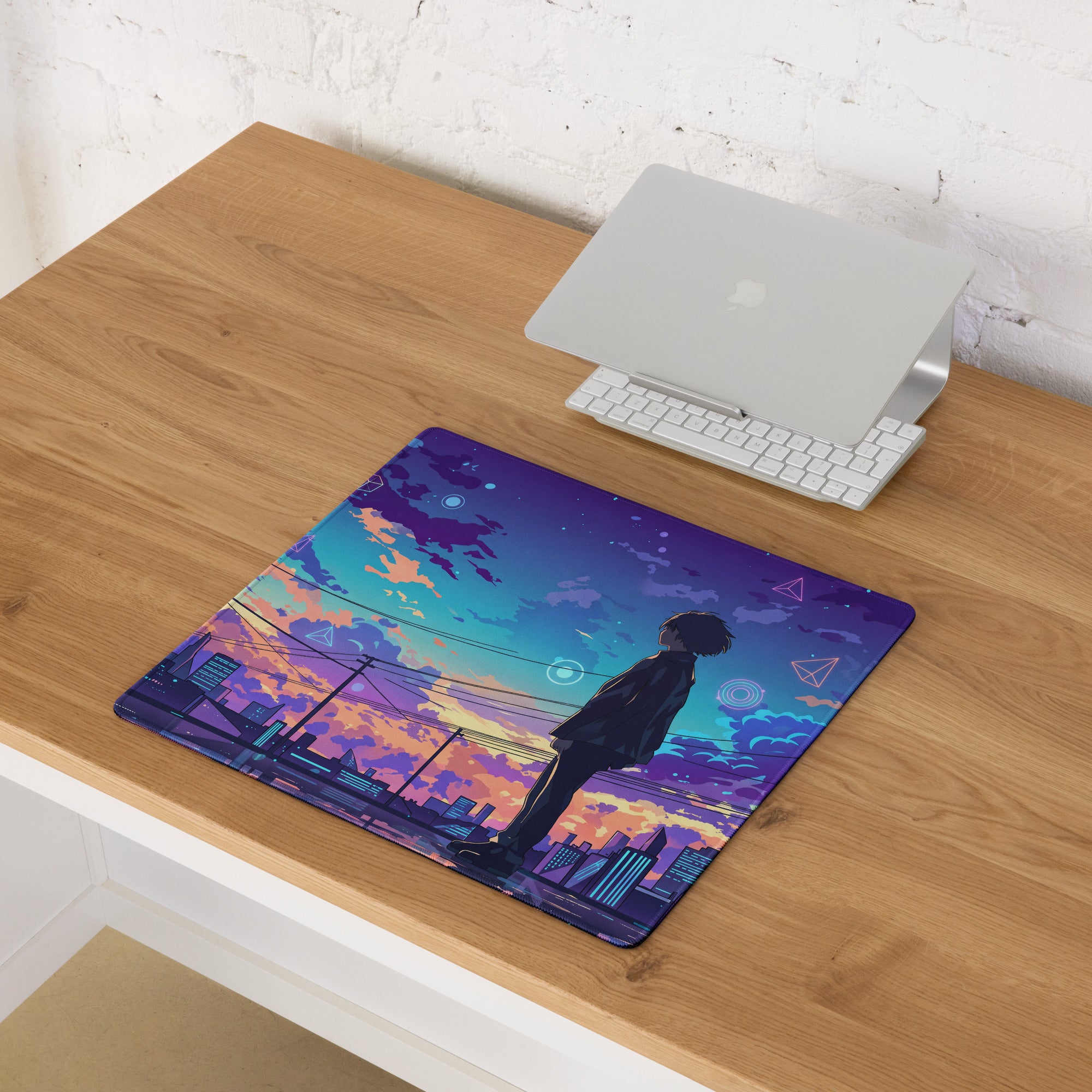 Vibrant anime-style rectangular vaporwave cityscape gaming mouse pad with purple and teal dusk sky silhouette design
