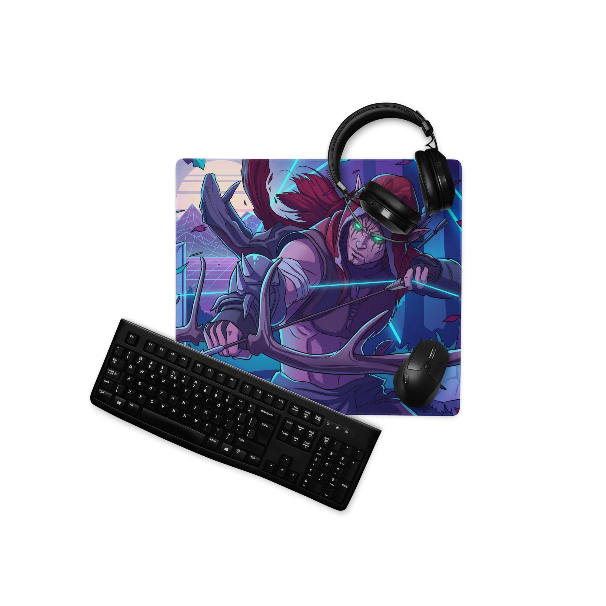 Vaporwave neon dragon gaming mouse pad with red-haired archer illustration in purple blue neon vaporwave style