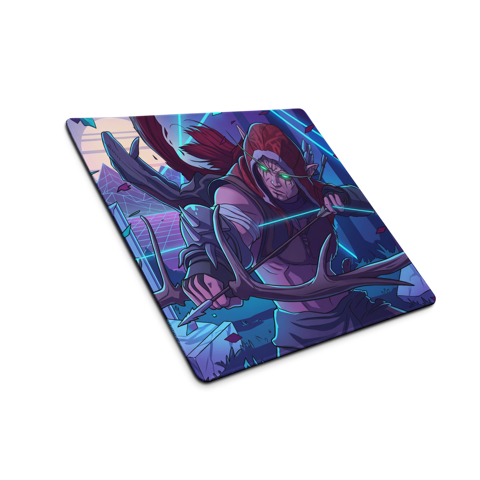 Rectangular vaporwave neon dragon gaming mousepad with vibrant elf archer design in purple blue neon colors for anime setup