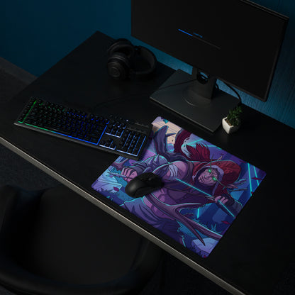 Vaporwave neon dragon pad gaming mousepad with a vibrant anime archer illustration on a purple blue neon background