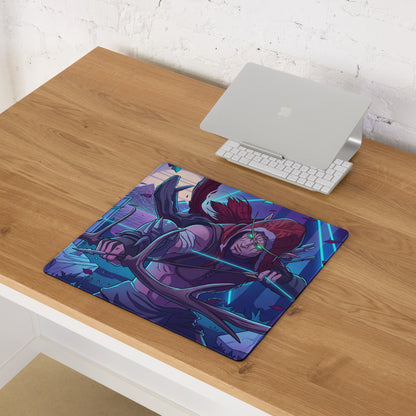 A vibrant rectangular vaporwave neon dragon gaming mouse pad with red hair character and blue glowing weapons on purple background
