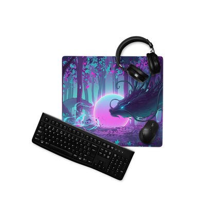 Vibrant purple and teal vaporwave dragon nightscape mouse pad featuring fantasy neon dragon design for gaming use