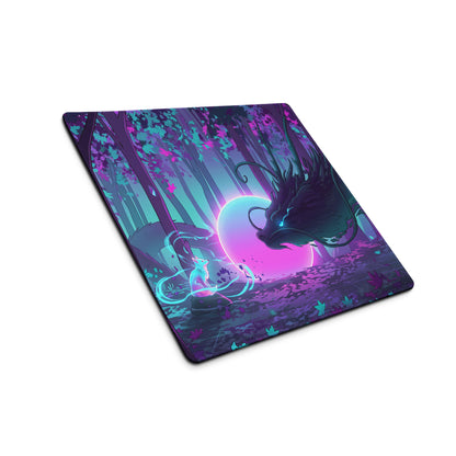 Vaporwave dragon nightscape rectangular gaming mousepad with neon purple pink moon and teal silhouetted trees design