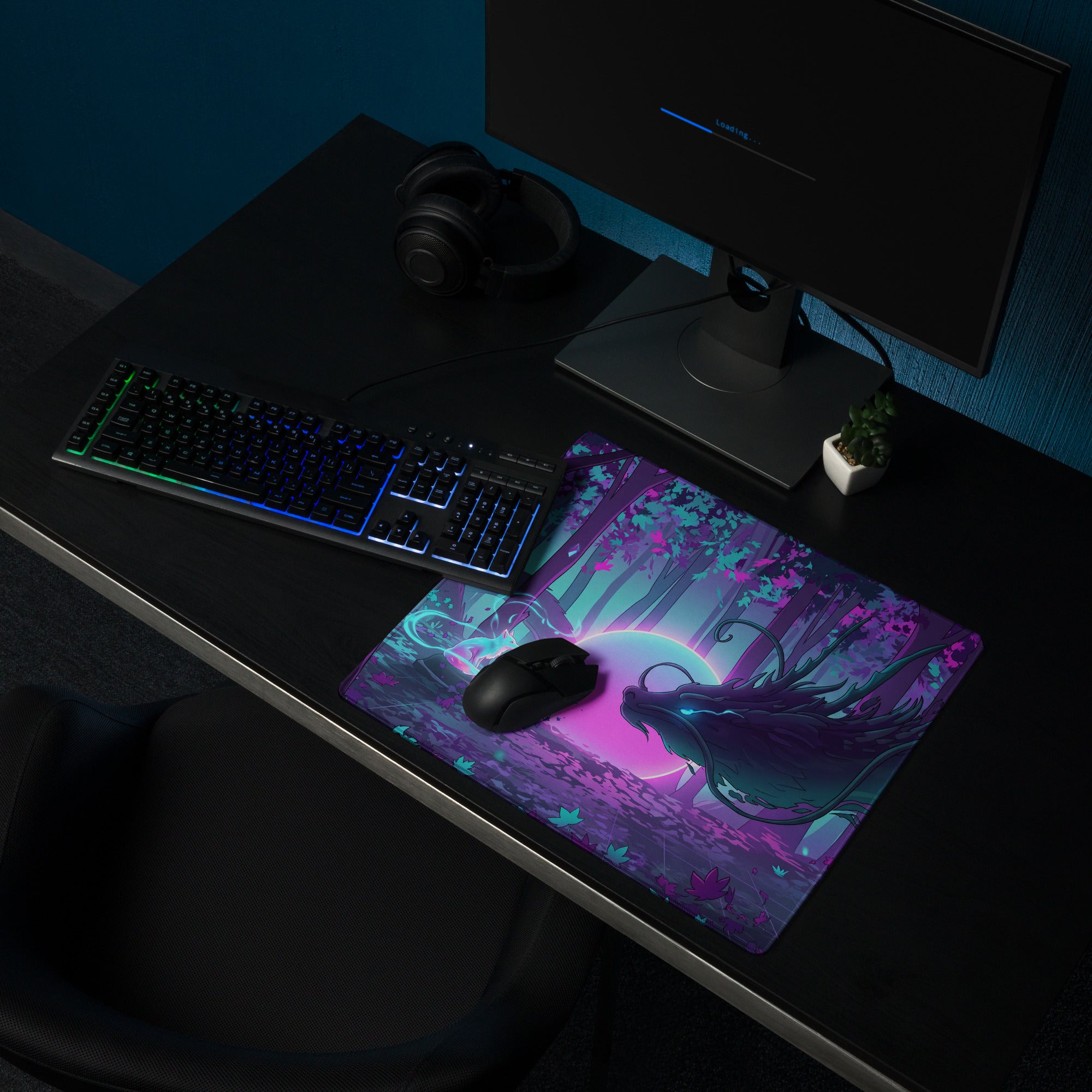 Vaporwave dragon nightscape mouse pad with vibrant purple and teal fantasy forest design and glowing moon for gaming
