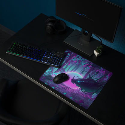 Vaporwave dragon nightscape mouse pad with vibrant purple and teal fantasy forest design and glowing moon for gaming
