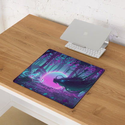 Vaporwave dragon nightscape gaming mouse pad with vibrant neon pink and teal fantasy forest and glowing creatures