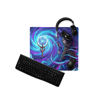 Vibrant purple and blue neon vaporwave sorceress gaming mousepad featuring a fantasy winged warrior with staff and nebulae background