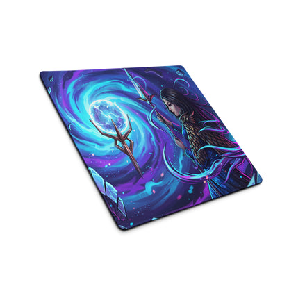 Vibrant purple and blue cosmic-themed gaming mousepad with a winged fantasy sorceress holding a staff design
