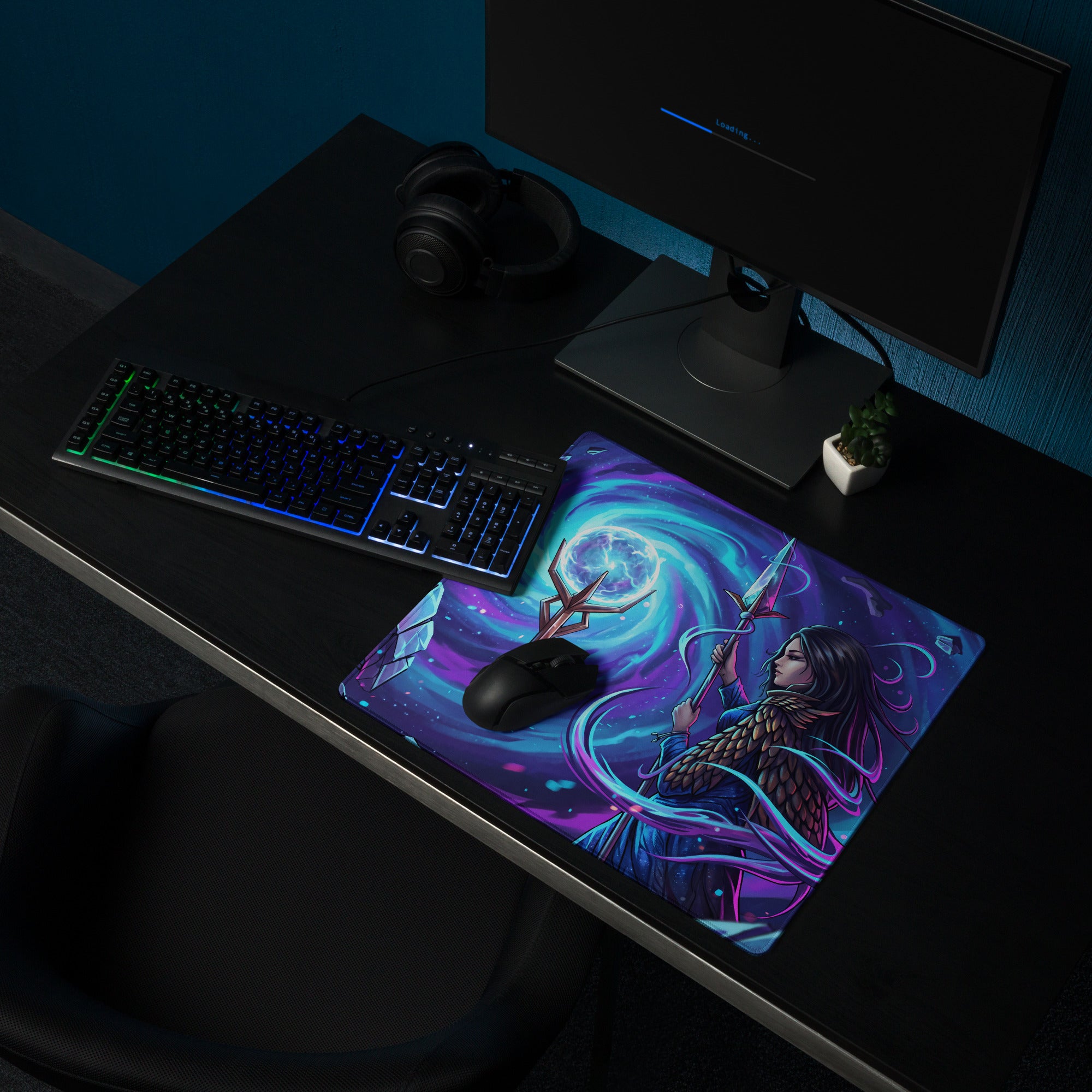 Vibrant purple and blue neon vaporwave sorceress gaming mouse pad with fantasy warrior illustration on dark desk setup