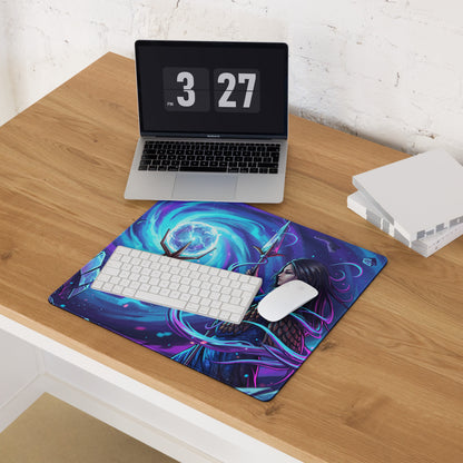 Vibrant purple and blue neon vaporwave sorceress gaming mousepad with fantasy warrior design and cosmic theme