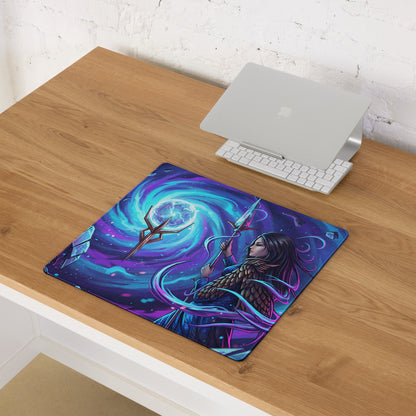 Neon vaporwave sorceress mouse pad with vibrant purple and blue cosmic design featuring a fantasy warrior on wood desk