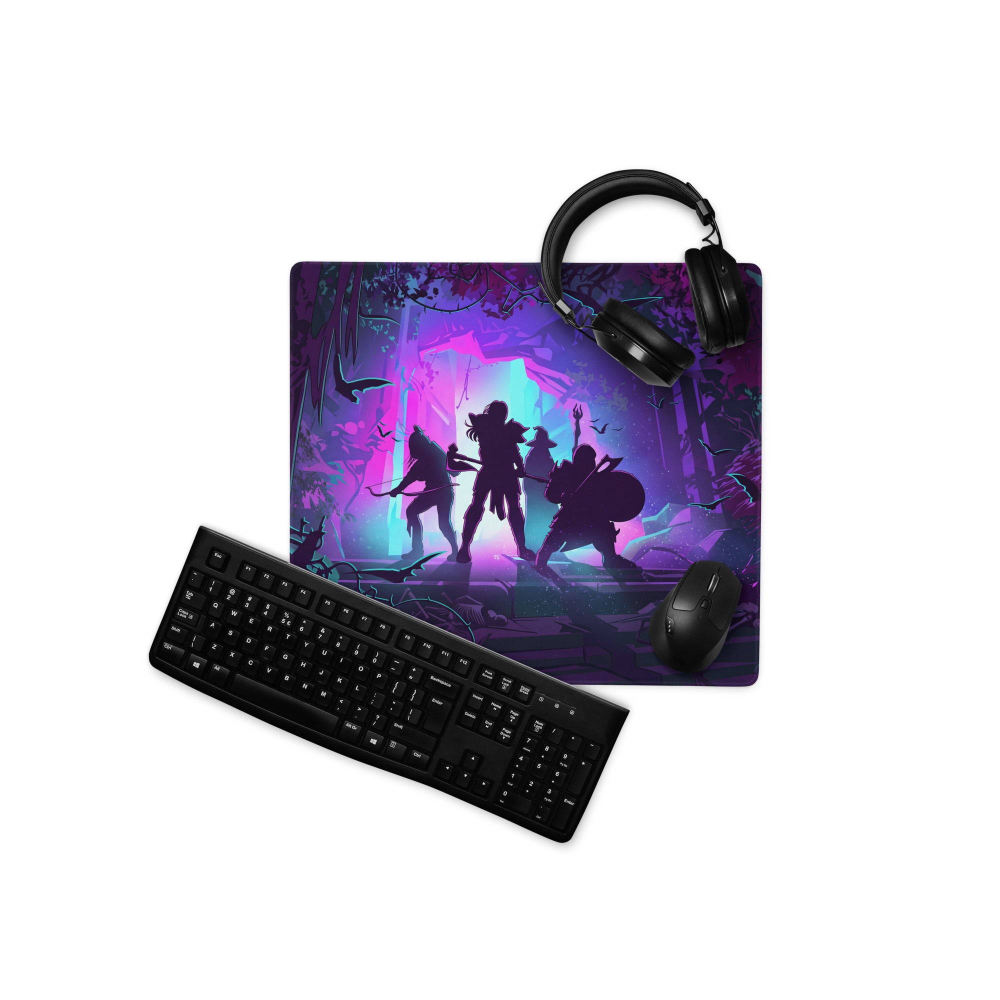 Vaporwave jungle gaming mouse pad with vibrant purple and blue fantasy forest design featuring silhouetted adventurers