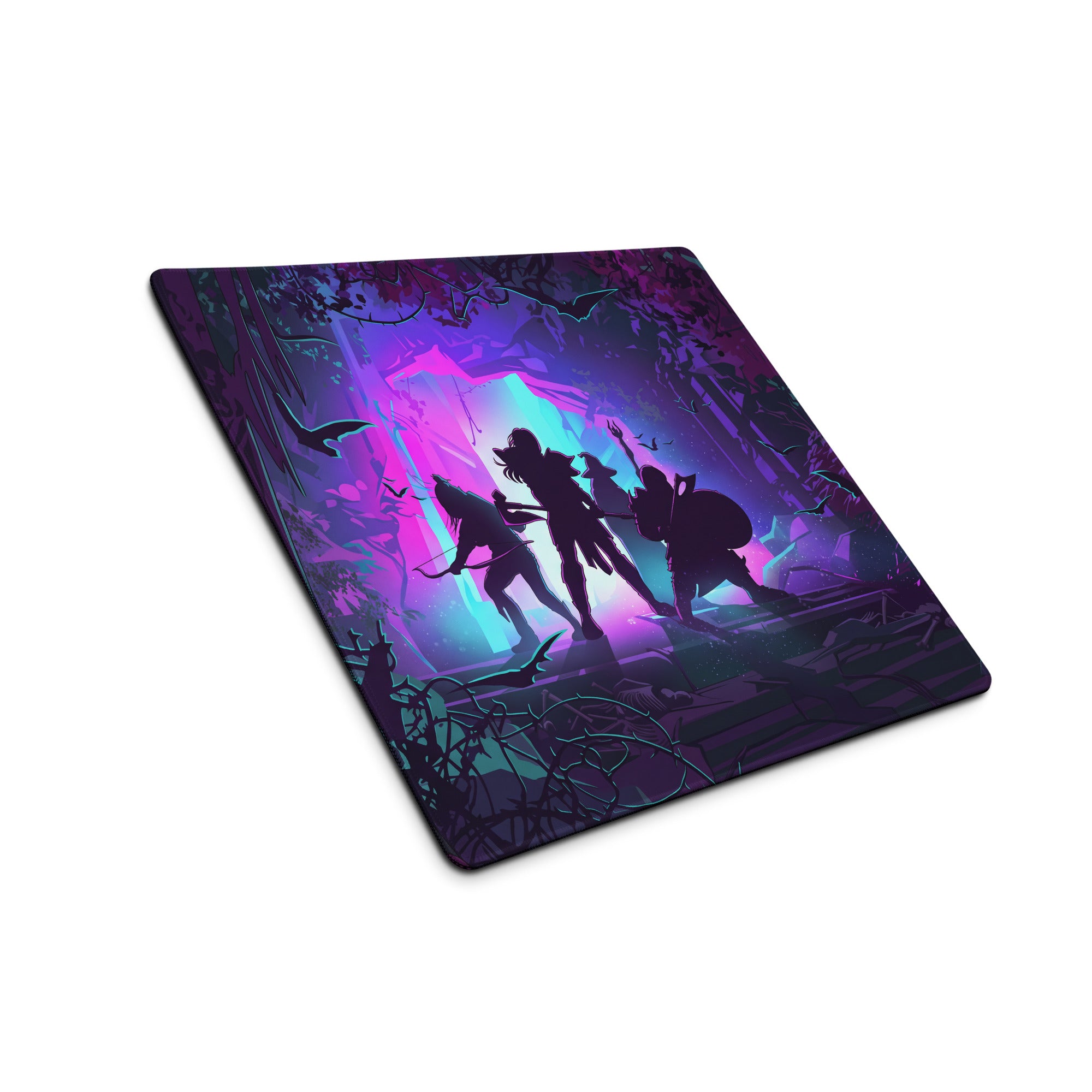 Purple and pink vaporwave jungle gaming mouse pad with silhouettes of adventurers in a mystical forest setting