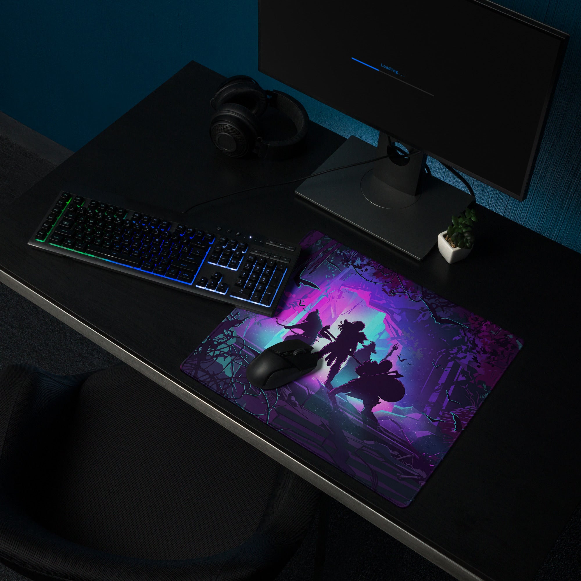 Vaporwave jungle gaming mousepad in vibrant purple teal featuring fantasy character silhouettes in a mystical forest scene