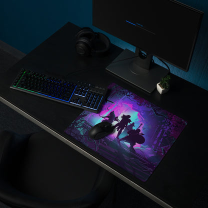 Vaporwave jungle gaming mousepad in vibrant purple teal featuring fantasy character silhouettes in a mystical forest scene
