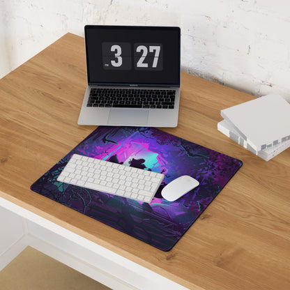 Vaporwave jungle gaming mouse pad with purple pink glowing fantasy design for retro futurism desk setup