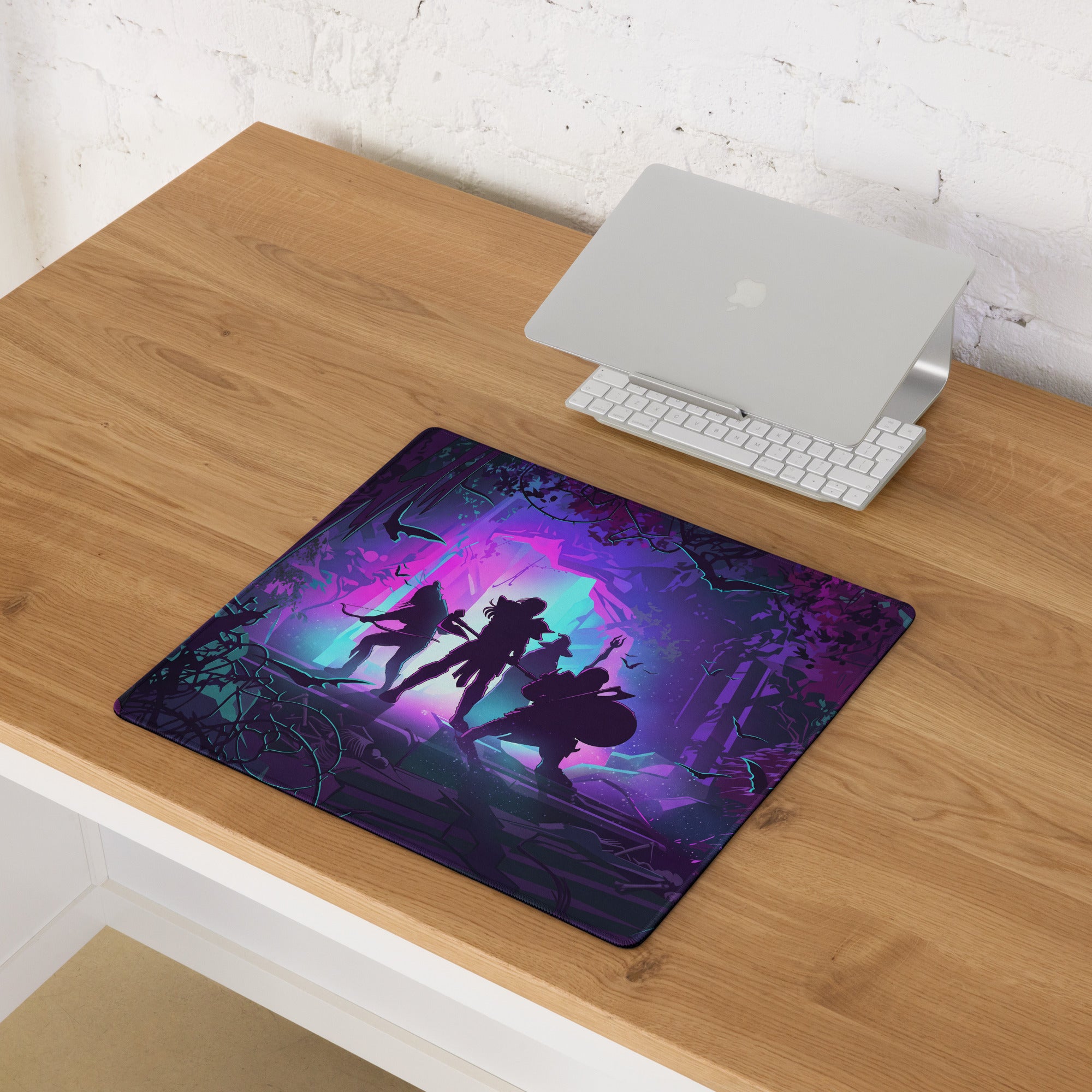 Purple and teal vaporwave jungle gaming mouse pad with fantasy adventurer silhouettes in a mystical forest setting