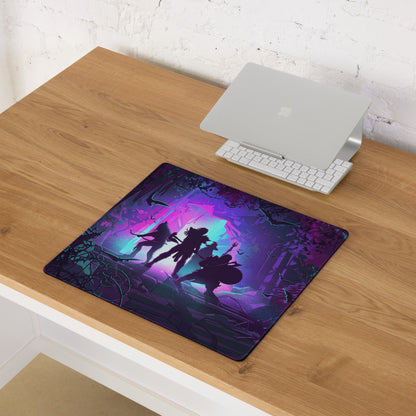 Purple and teal vaporwave jungle gaming mouse pad with fantasy adventurer silhouettes in a mystical forest setting