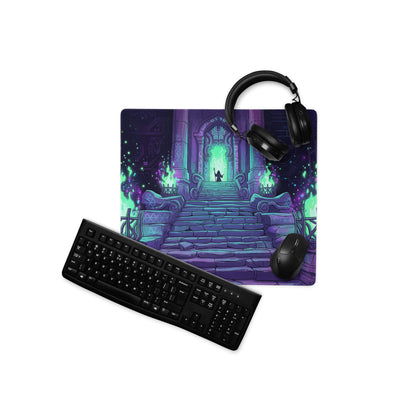 Neon vaporwave mouse pad with purple teal colors and glowing archway design for gaming and desk use