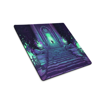 Neon vaporwave mouse pad with purple teal colors featuring a glowing archway stone steps and mystical green energy design