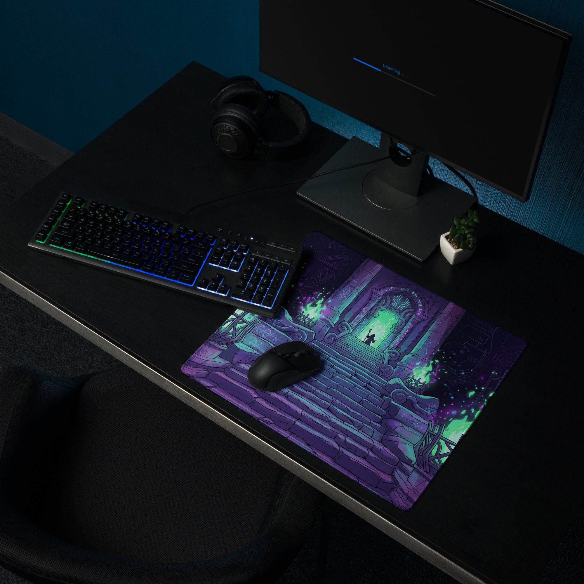 Purple and teal neon vaporwave gaming mouse pad with illustrated stone staircase and glowing archway design