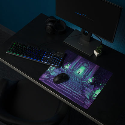 Purple and teal neon vaporwave gaming mouse pad with illustrated stone staircase and glowing archway design