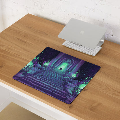 Neon vaporwave purple and teal gaming mouse pad with an illustrated stone staircase leading to a glowing archway
